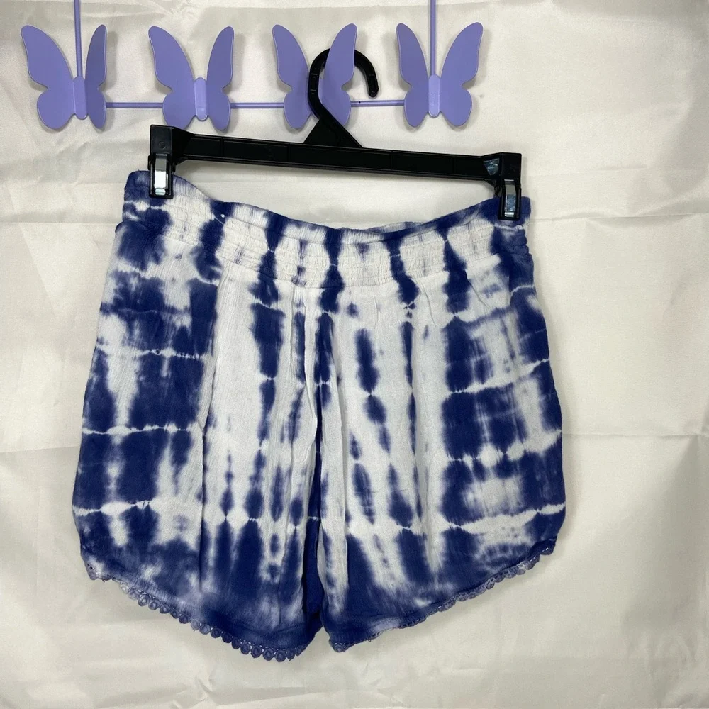 EUC Justice girl’s blue white tie dyed embroidered hem pocket‎ comfy shorts 12